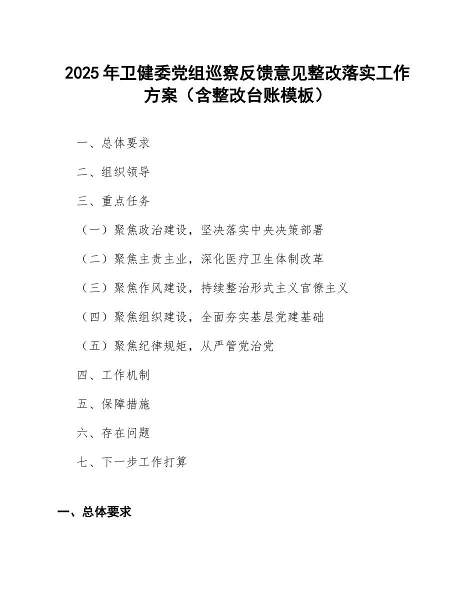 2025年卫健委党组巡察反馈意见整改落实工作方案（含整改台账模板）_第1页