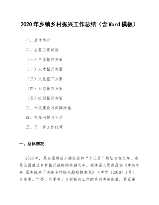 2020年乡镇乡村振兴工作总结（含Word模板）