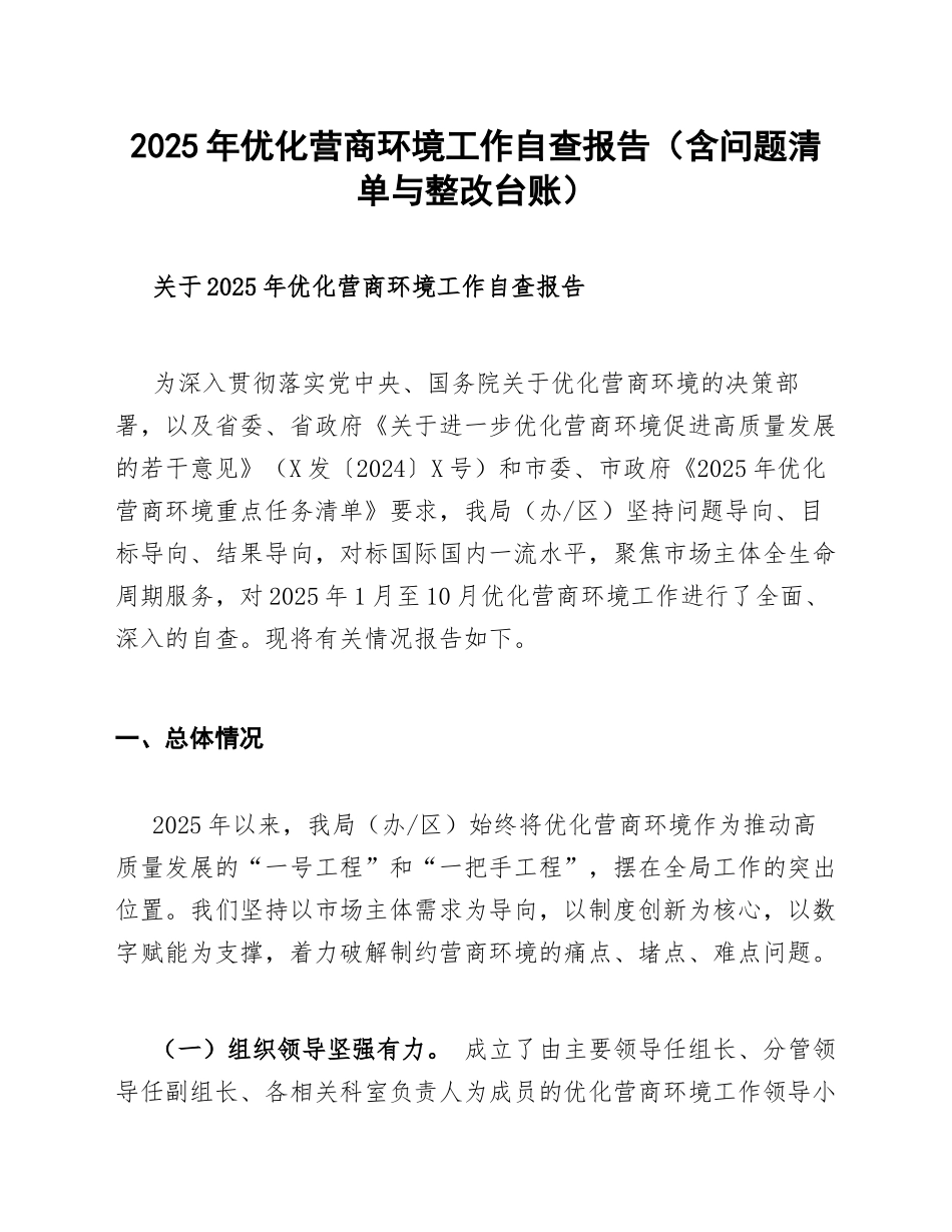 2025年优化营商环境工作自查报告（含问题清单与整改台账）_第1页
