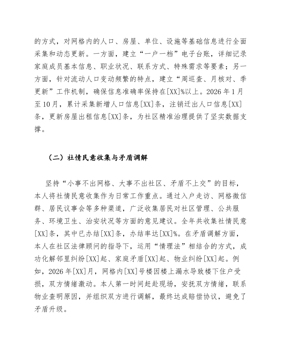 2026年社区网格员个人述职报告（含防汛抗旱与创城工作履职情况）_第2页