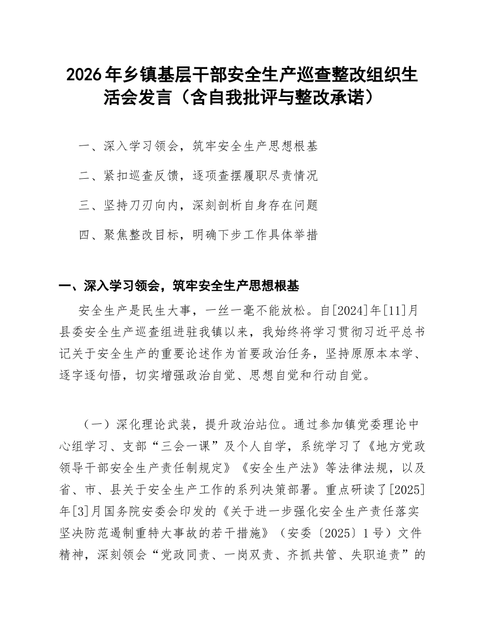 2026年乡镇基层干部安全生产巡查整改生活会发言（含自我批评与整改承诺）_第1页