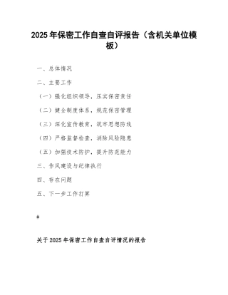 2025年保密工作自查自评报告（含机关单位模板）