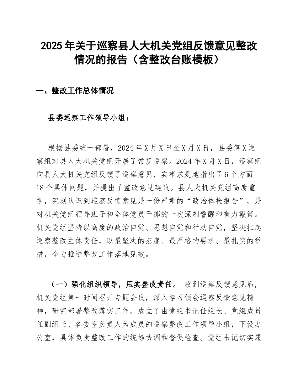 2025年关于巡察县人大机关党组反馈意见整改情况的报告（含整改台账模板）_第1页