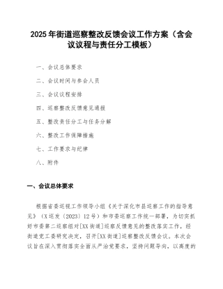 2025年街道巡察整改反馈会议工作方案（含会议议程与责任分工模板）