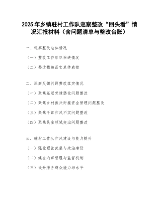 2025年乡镇驻村工作队巡察整改“回头看”情况汇报材料（含问题清单与整改台账）
