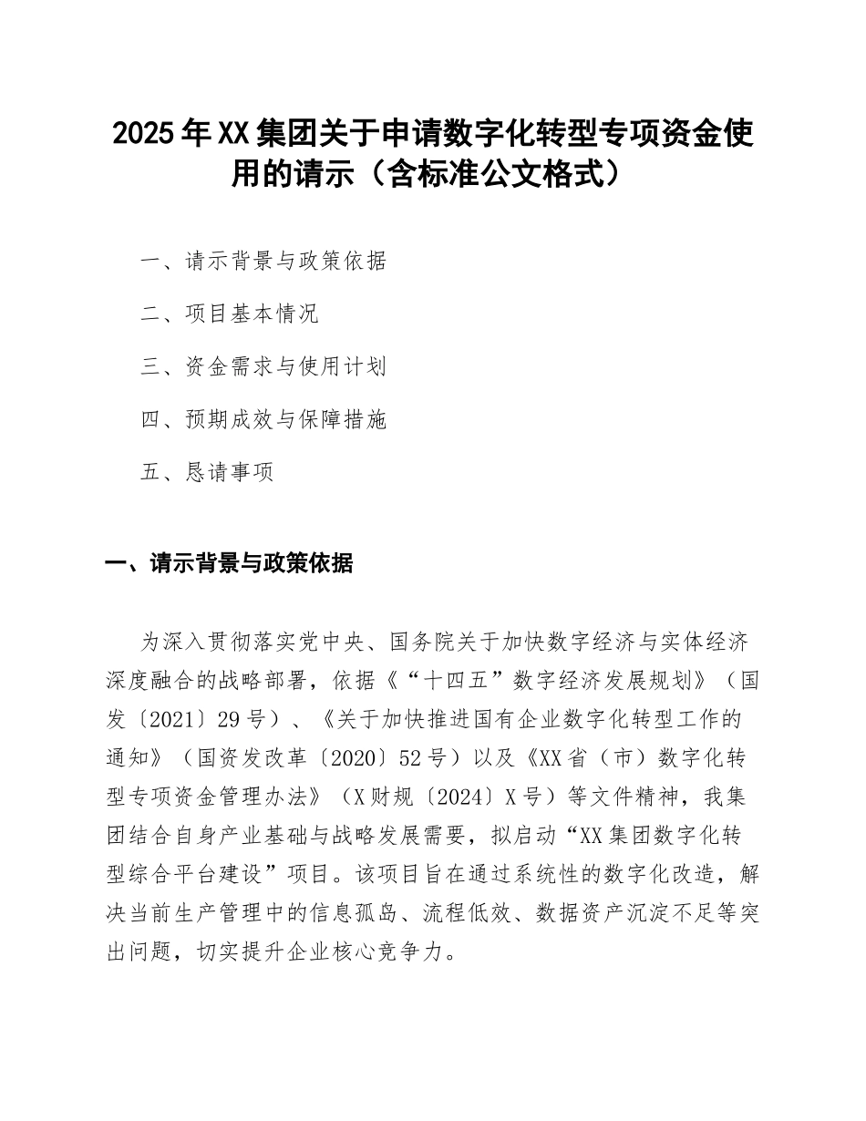 2025年XX集团关于申请数字化转型专项资金使用的请示（含标准公文格式）_第1页