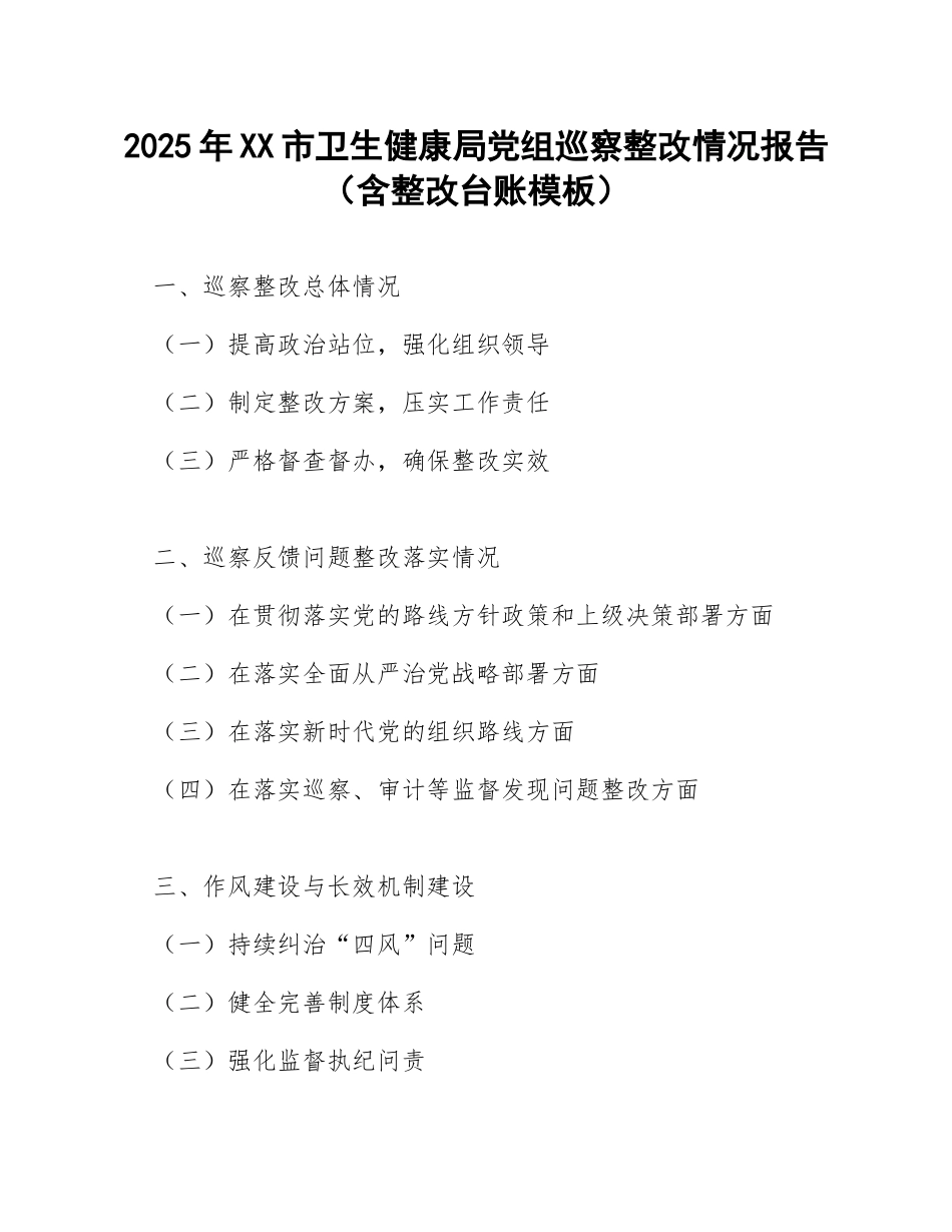 2025年XX市卫生健康局党组巡察整改情况报告（含整改台账模板）_第1页