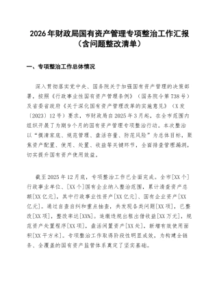 2026年财政局国有资产管理专项整治工作汇报（含问题整改清单）