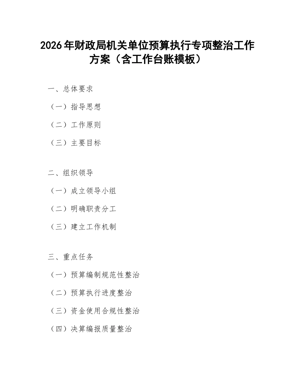 2026年财政局机关单位预算执行专项整治工作方案（含工作台账模板）_第1页