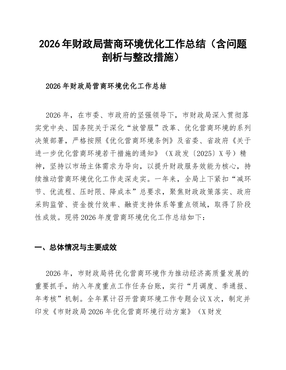 2026年财政局营商环境优化工作总结（含问题剖析与整改措施）_第1页