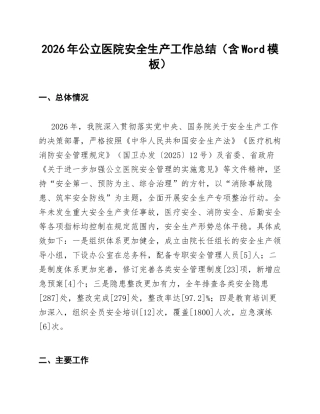 2026年公立医院安全生产工作总结（含Word模板）