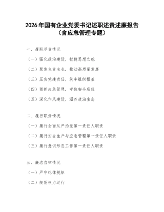 2026年国有企业党委书记述职述责述廉报告（含应急管理专题）