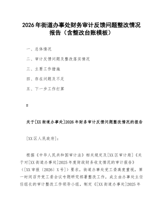 2026年街道办事处财务审计反馈问题整改情况报告（含整改台账模板）