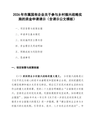 2026年市属国有企业关于参与乡村振兴战略实施的资金申请请示（含请示公文模板）