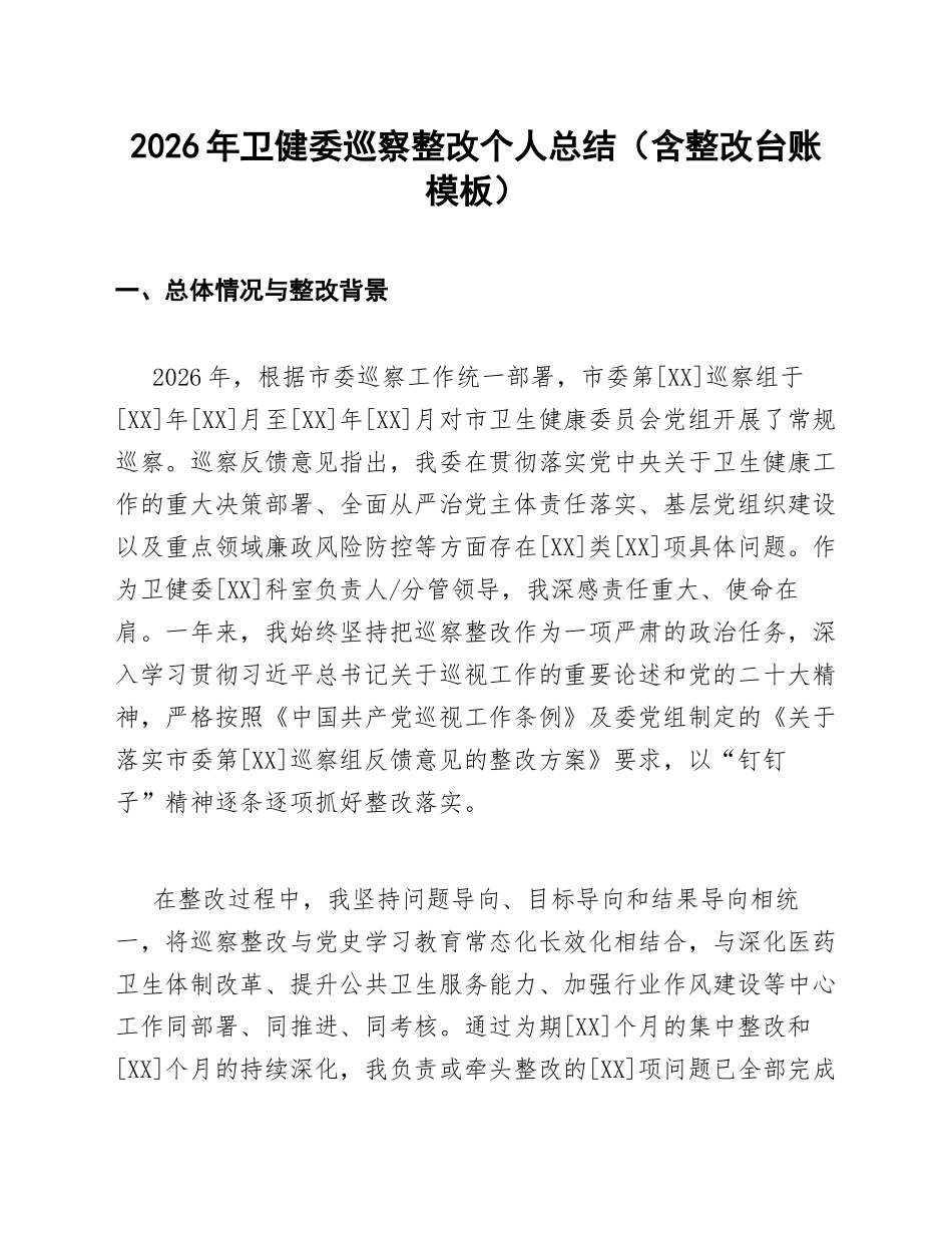 2026年卫健委巡察整改个人总结（含整改台账模板）_第1页