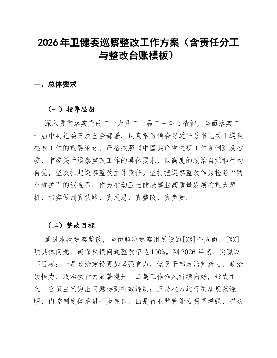 2026年卫健委巡察整改工作方案（含责任分工与整改台账模板）_第1页