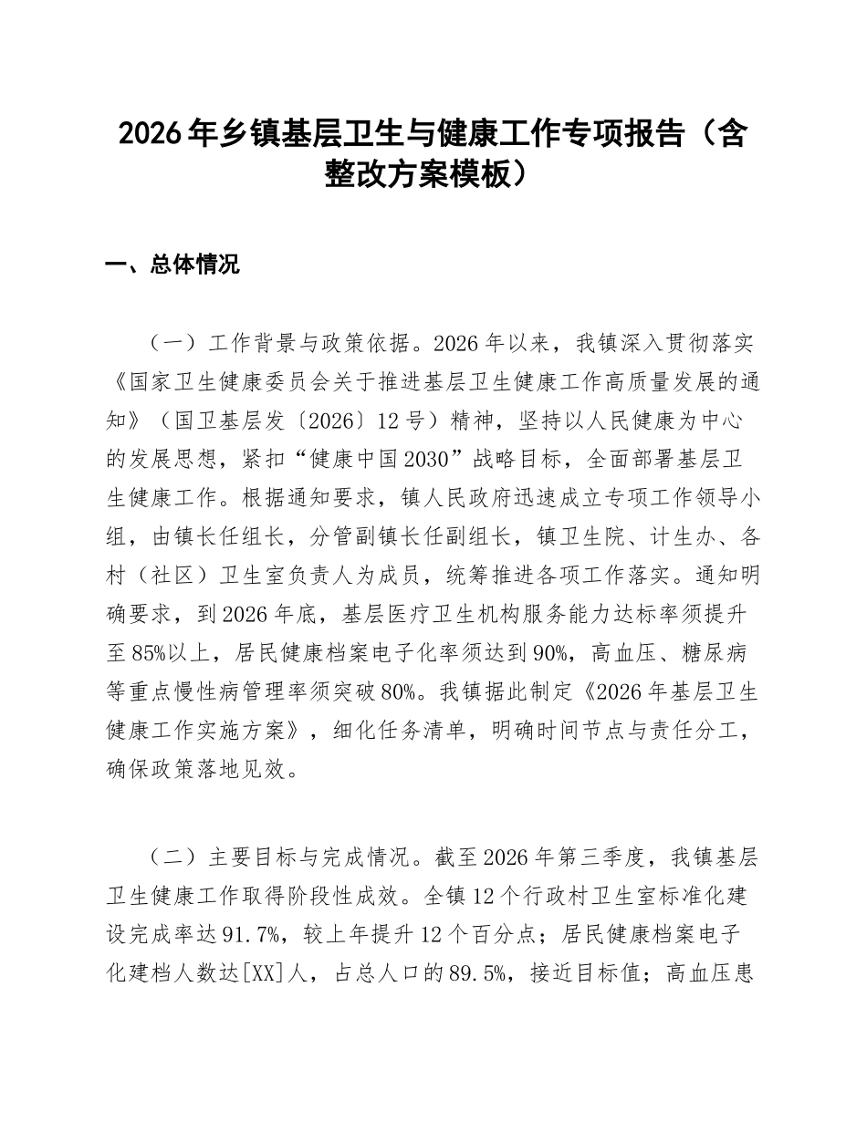 2026年乡镇基层卫生与健康工作专项报告（含整改方案模板）_第1页