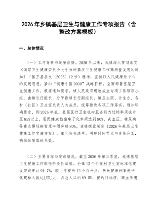 2026年乡镇基层卫生与健康工作专项报告（含整改方案模板）