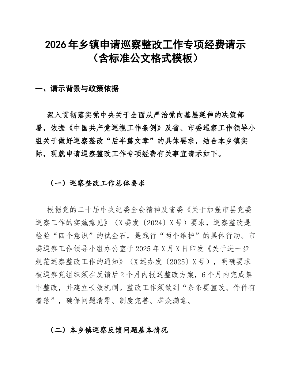 2026年乡镇申请巡察整改工作专项经费请示（含标准公文格式模板）_第1页