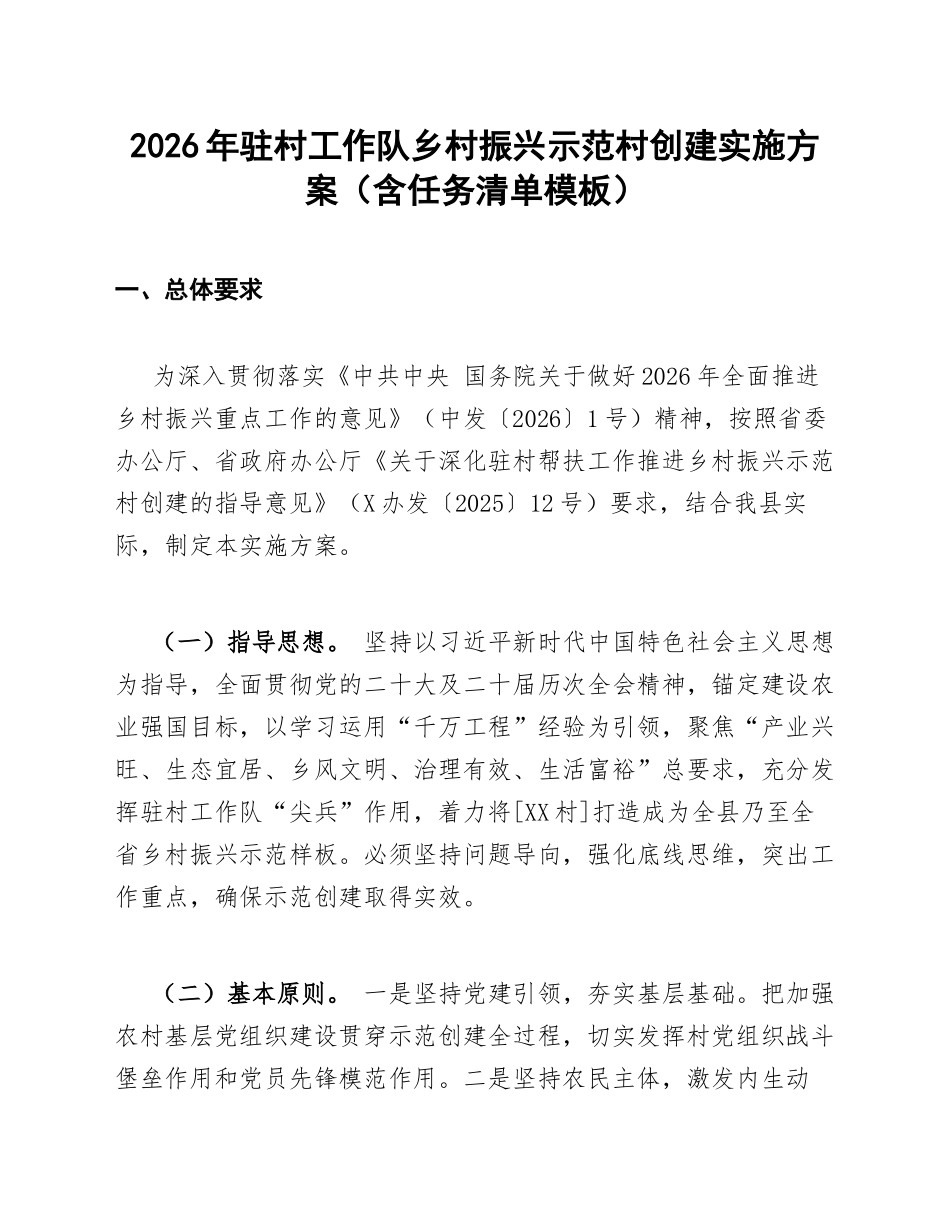 2026年驻村工作队乡村振兴示范村创建实施方案（含任务清单模板）_第1页