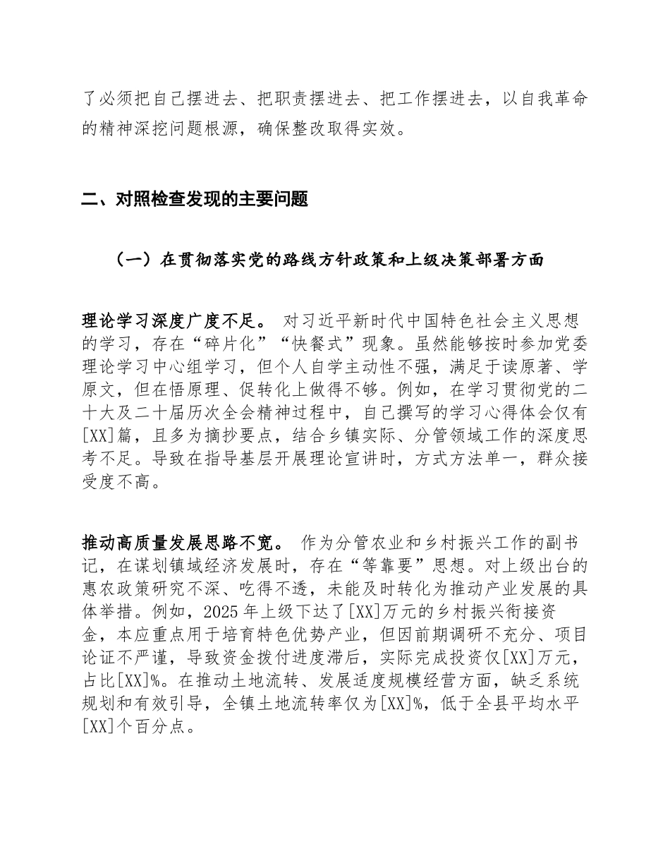 2026年乡镇党委副书记巡察整改专题生活会对照检查材料（含问题查摆与整改措施模板）_第2页
