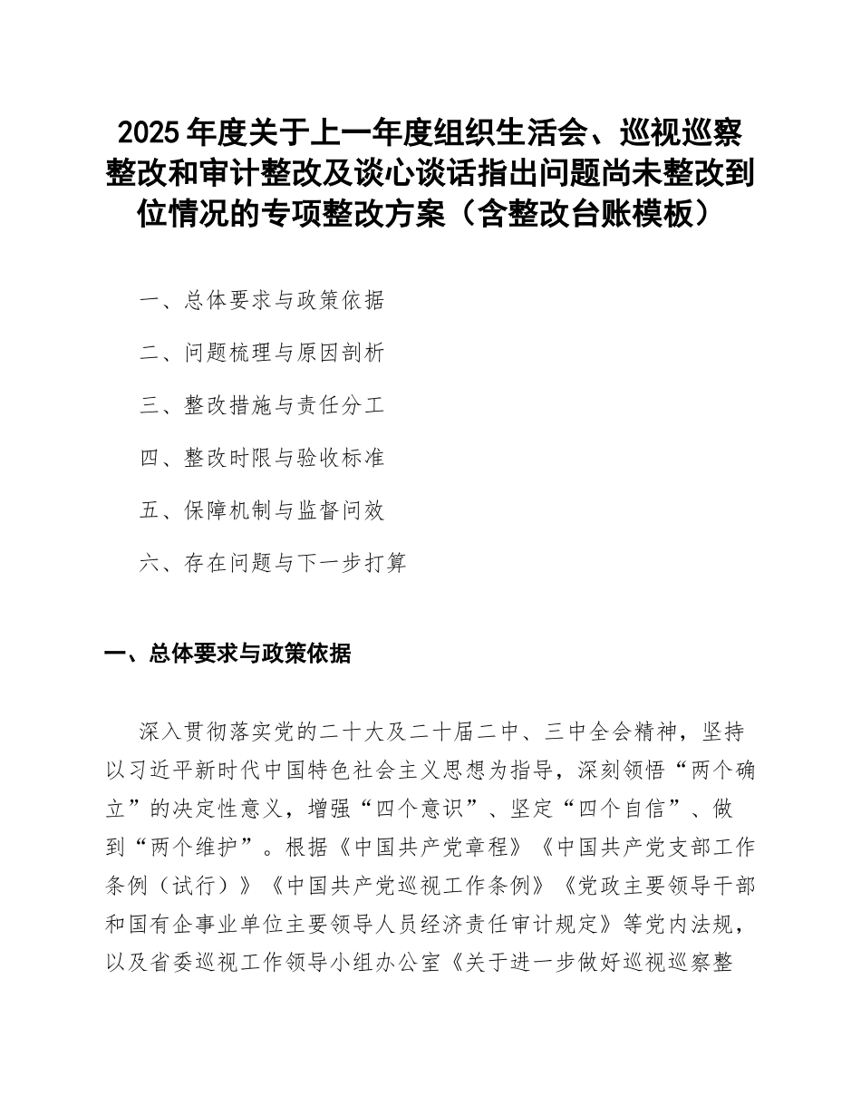 2025年度关于上一年度生活会、巡视巡察整改和审计整改及谈心谈话指出问题尚未整改到位情况的专项整改方案（含整改台账模板）_第1页
