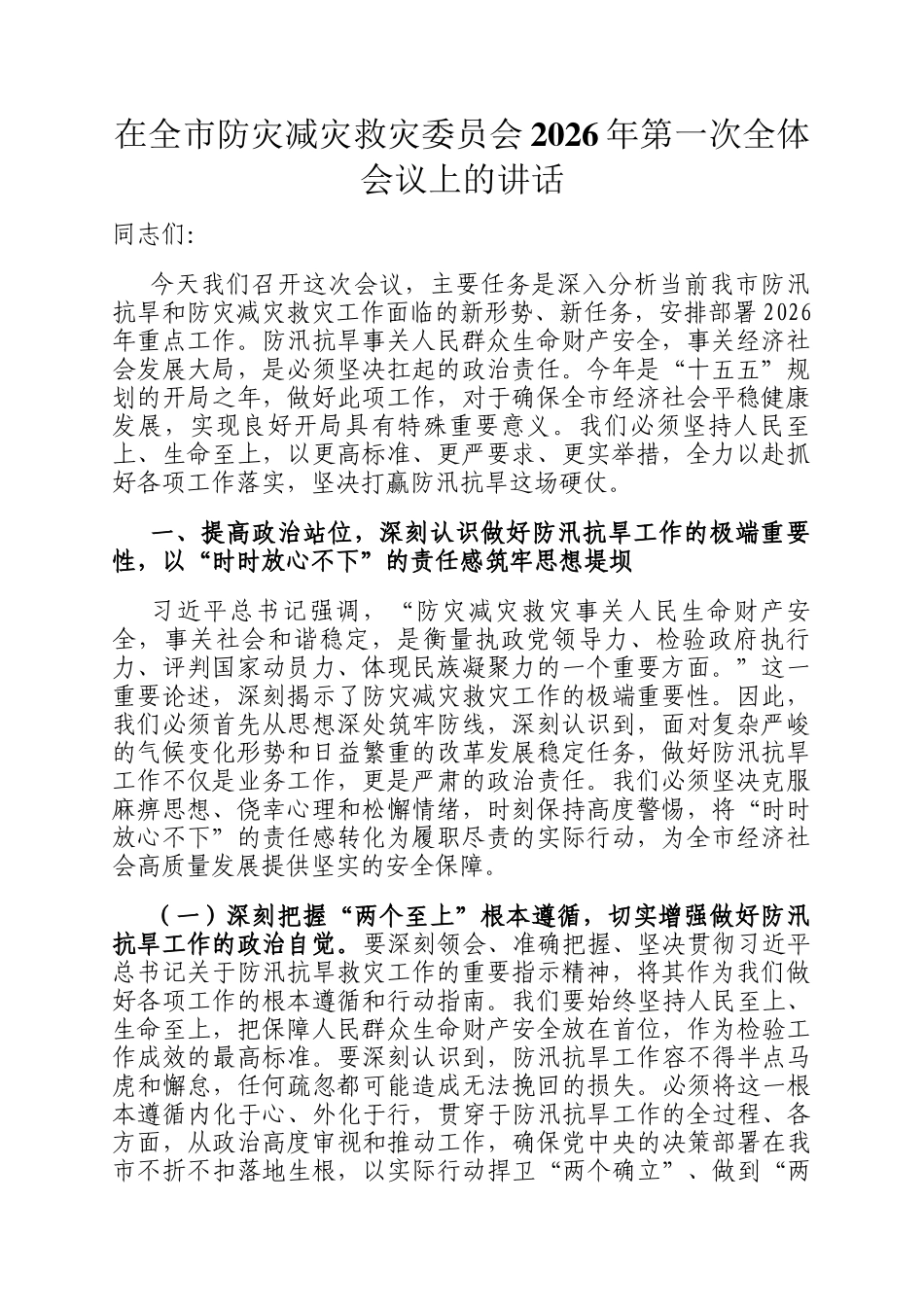 在全市防灾减灾救灾委员会2026年第一次全体会议上的讲话_第1页