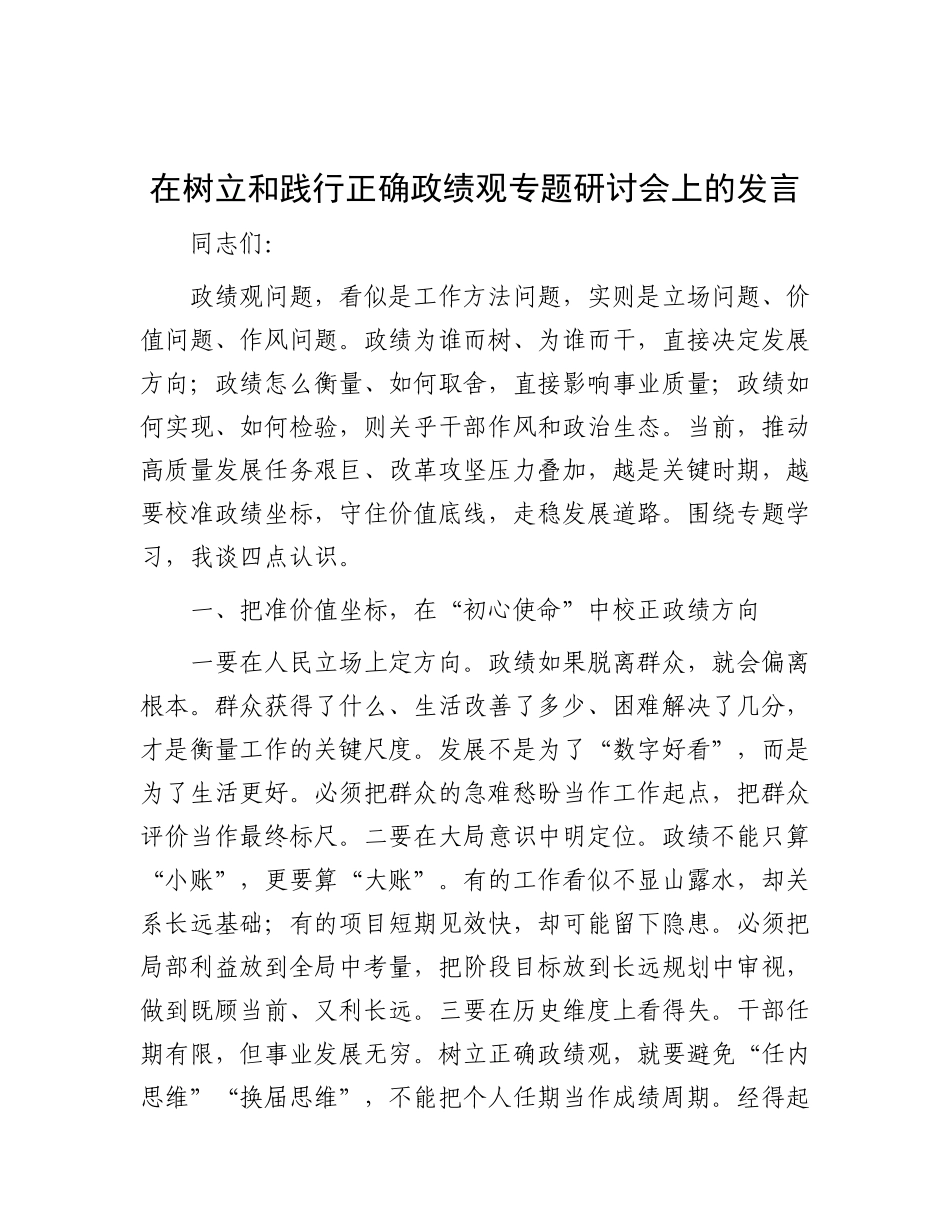 在树立和践行正确政绩观专题研讨会上的发言_第1页