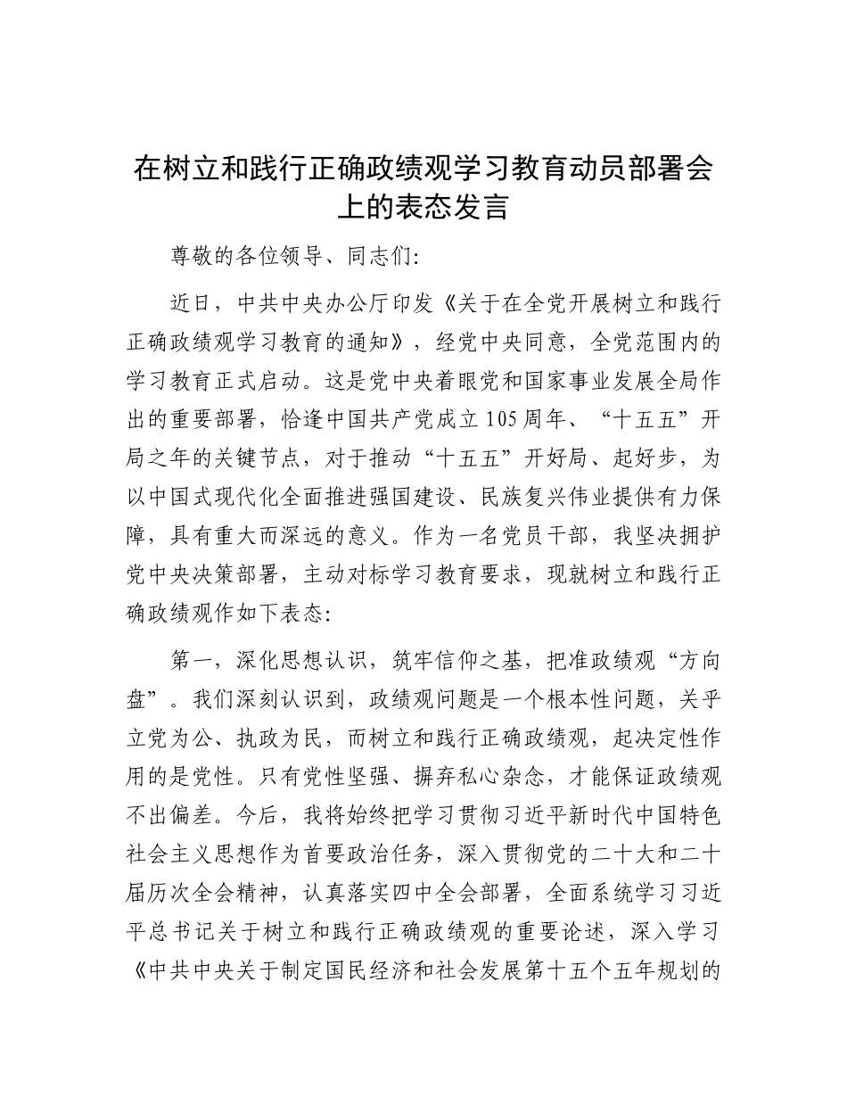 在政绩观学习教育动员部署会上的表态发言_第1页