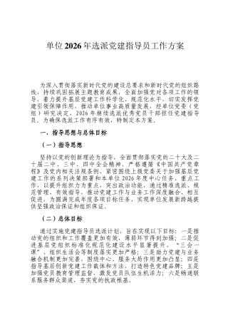 单位2026年选派党建指导员工作方案