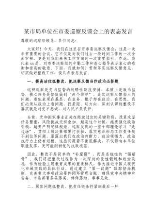 某市局单位在市委巡察反馈会上的表态发言