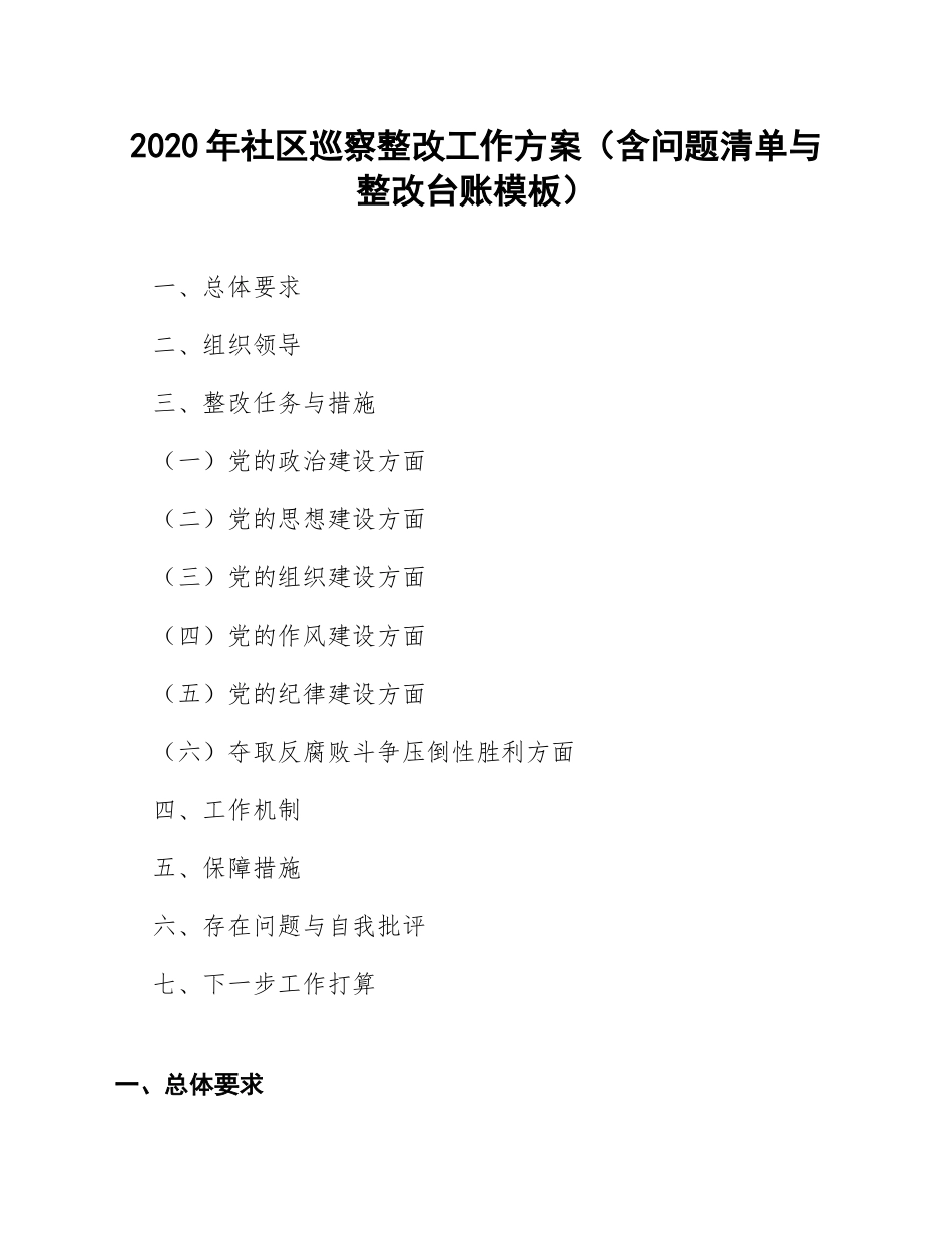 2020年社区巡察整改工作方案（含问题清单与整改台账模板）_第1页