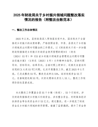 2025年财政局关于乡村振兴领域问题整改落实情况的报告（附整改台账范本）