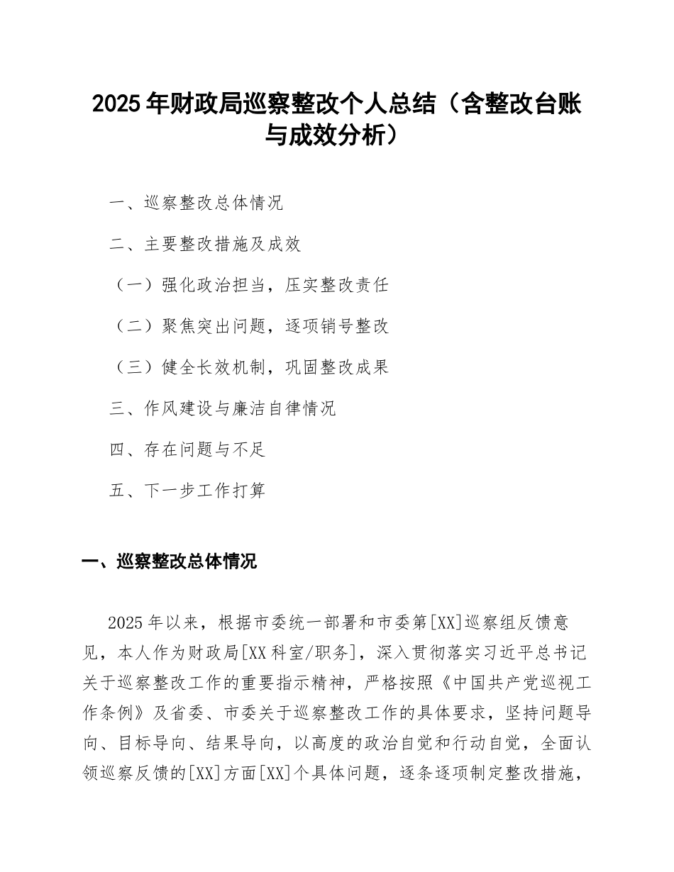 2025年财政局巡察整改个人总结（含整改台账与成效分析）_第1页