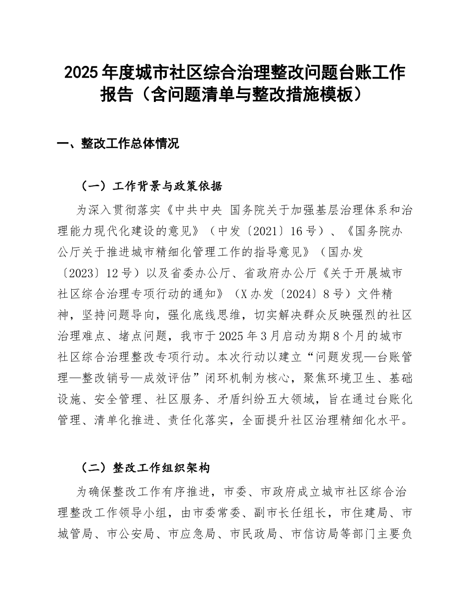 2025年度城市社区综合治理整改问题台账工作报告（含问题清单与整改措施模板）_第1页