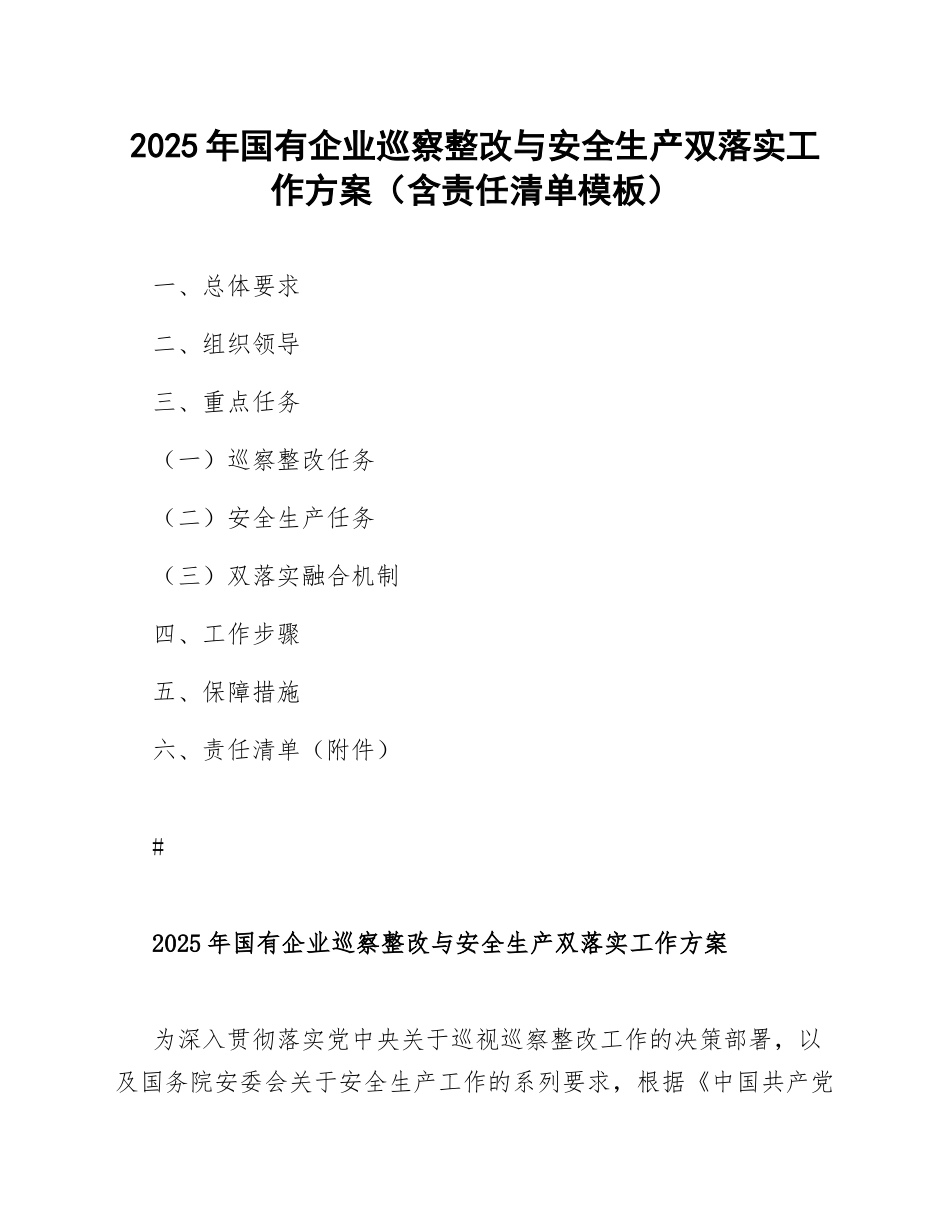 2025年国有企业巡察整改与安全生产双落实工作方案（含责任清单模板）_第1页