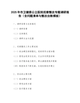 2025年市卫健委公立医院巡察整改专题调研报告（含问题清单与整改台账模板）