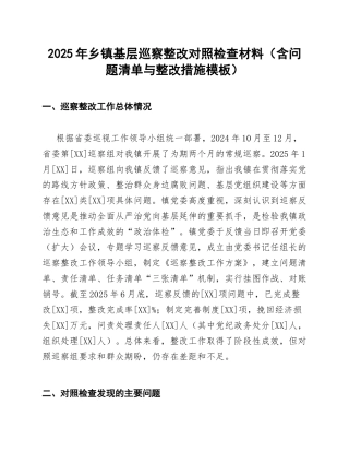 2025年乡镇基层巡察整改对照检查材料（含问题清单与整改措施模板）