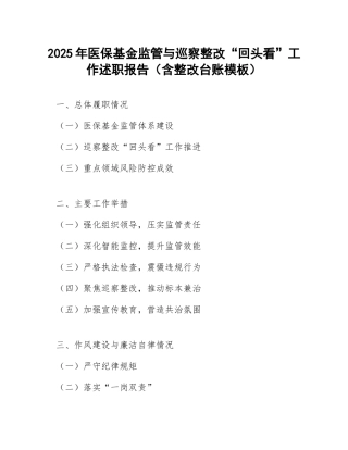 2025年医保基金监管与巡察整改“回头看”工作述职报告（含整改台账模板）