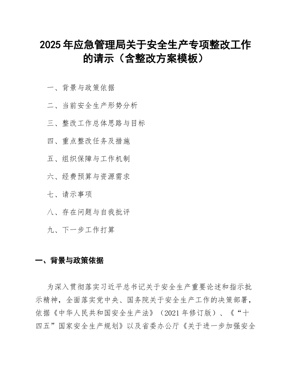 2025年应急管理局关于安全生产专项整改工作的请示（含整改方案模板）_第1页