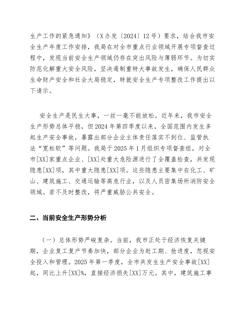 2025年应急管理局关于安全生产专项整改工作的请示（含整改方案模板）_第2页