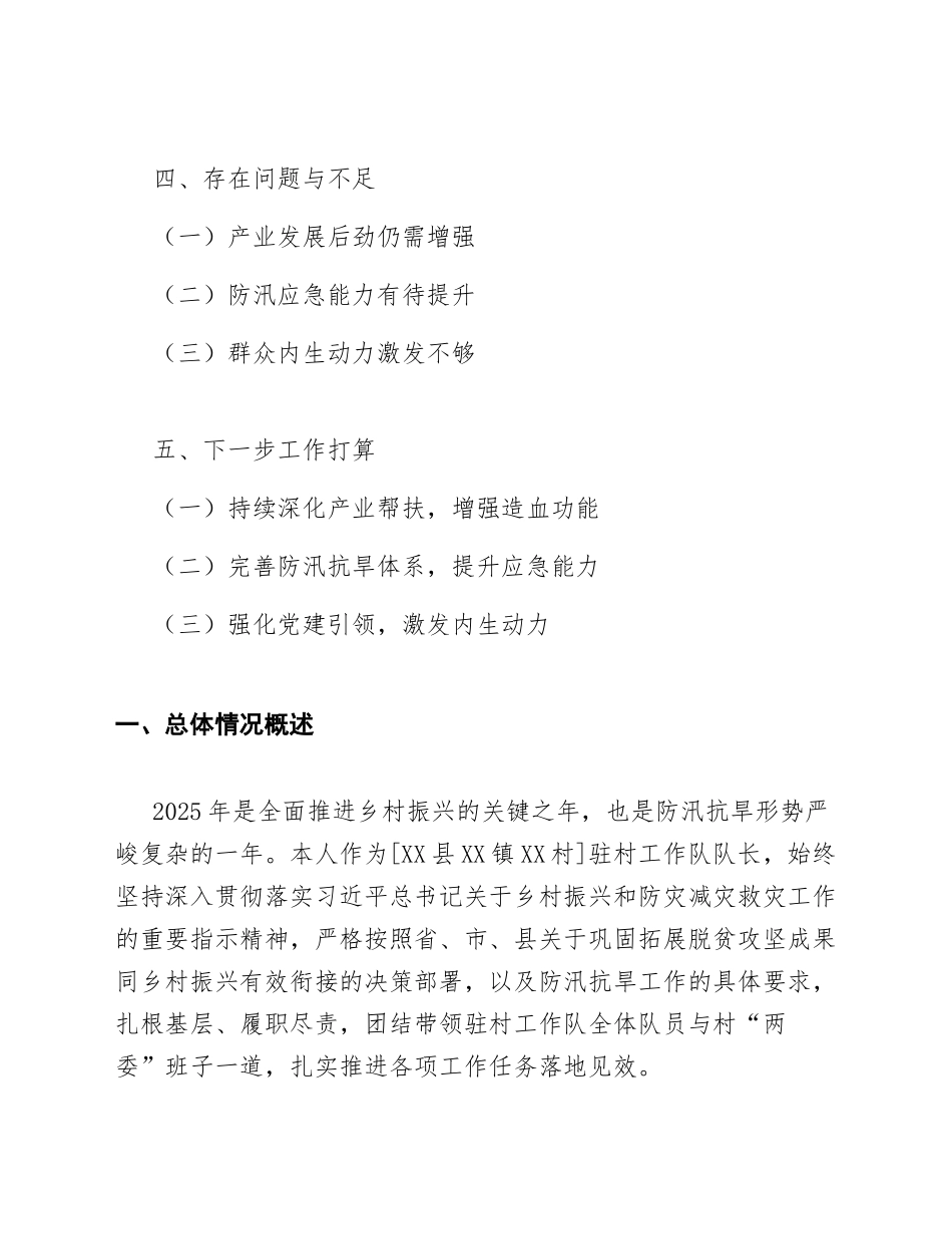 2025年驻村工作队队长乡村振兴及防汛抗旱工作总结（含个人述职报告模板）_第2页