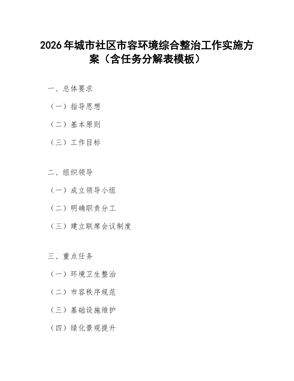 2026年城市社区市容环境综合整治工作实施方案（含任务分解表模板）_第1页