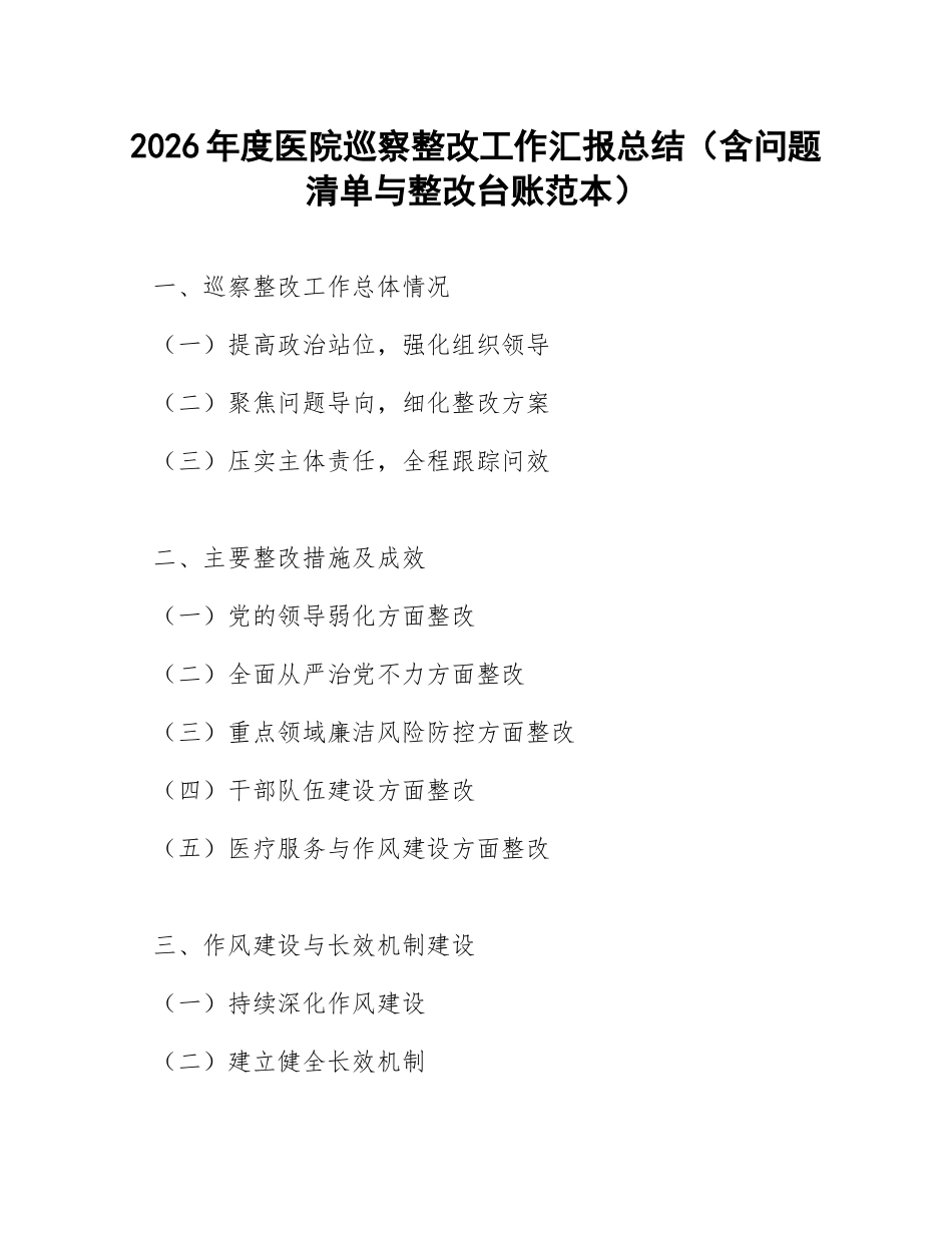 2026年度医院巡察整改工作汇报总结（含问题清单与整改台账范本）_第1页