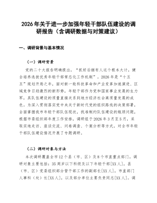 2026年关于进一步加强年轻干部队伍建设的调研报告（含调研数据与对策建议）