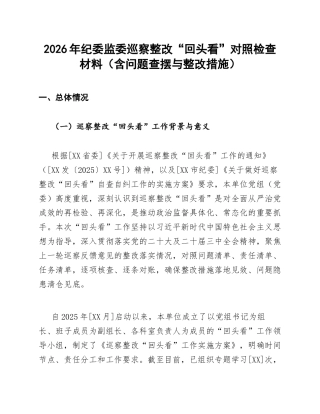 2026年纪委监委巡察整改“回头看”对照检查材料（含问题查摆与整改措施）