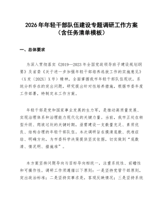 2026年年轻干部队伍建设专题调研工作方案（含任务清单模板）