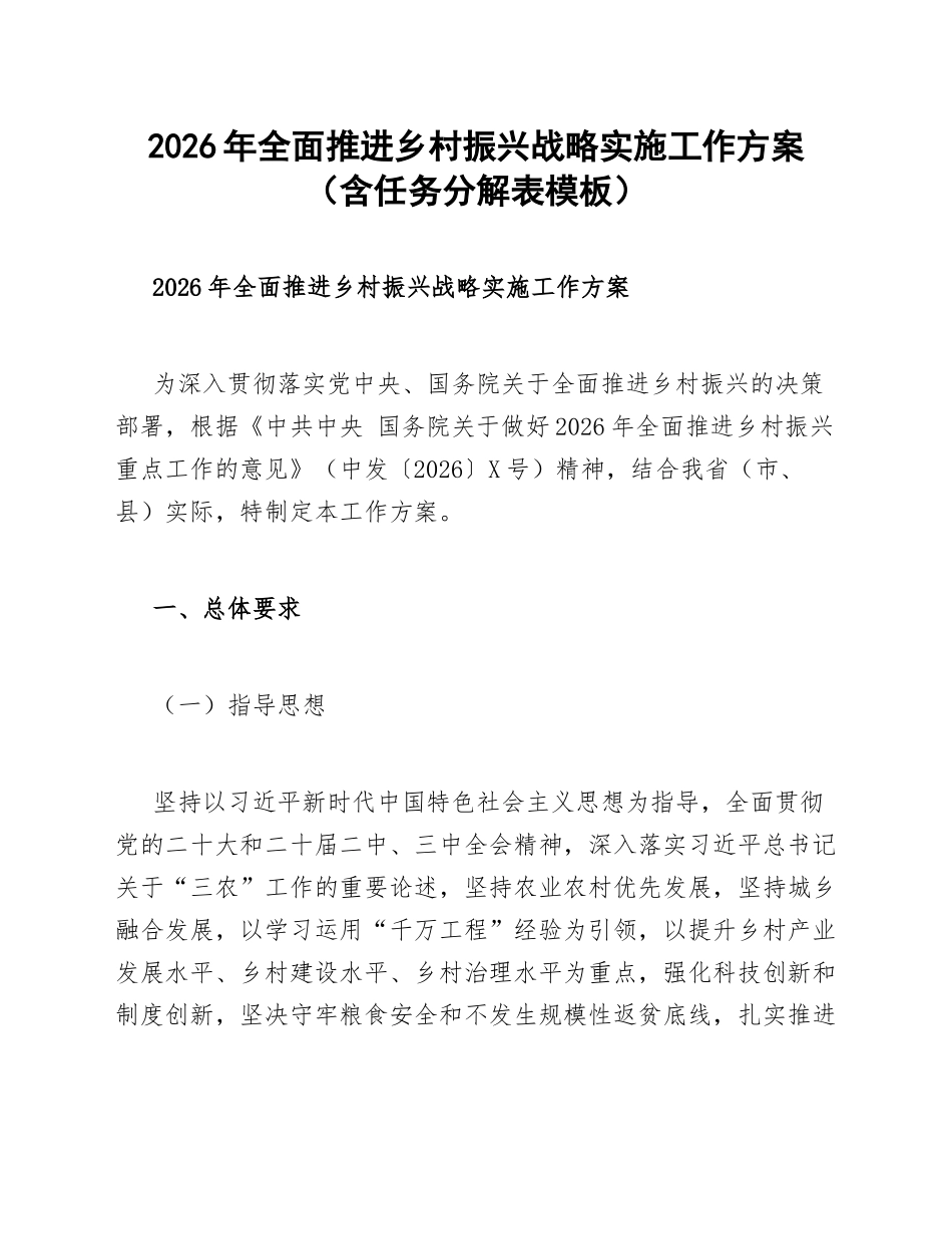 2026年全面推进乡村振兴战略实施工作方案（含任务分解表模板）_第1页