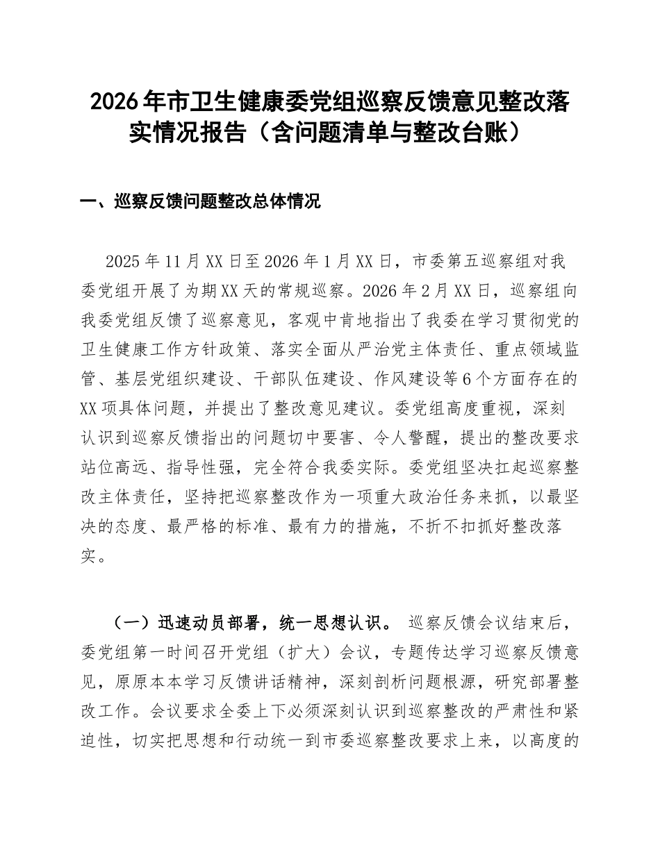 2026年市卫生健康委党组巡察反馈意见整改落实情况报告（含问题清单与整改台账）_第1页