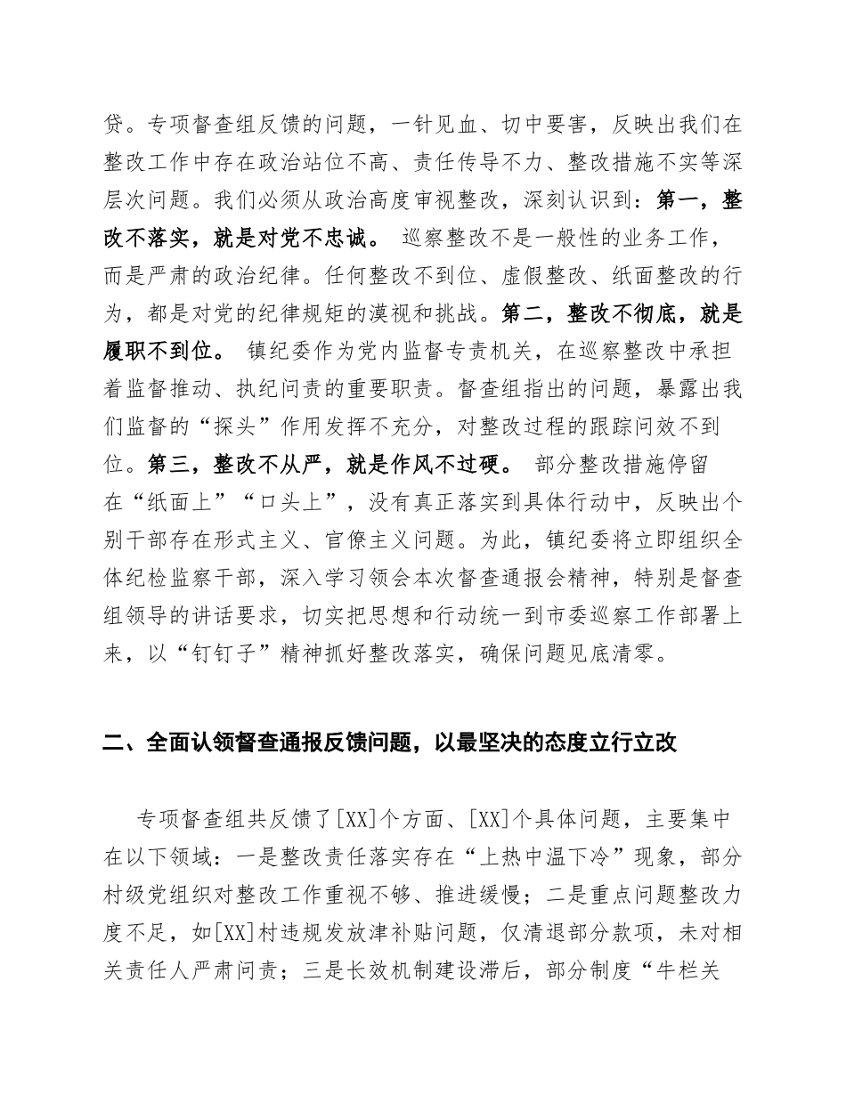 2026年乡镇纪委书记在巡察整改专项督查通报会上的表态发言（含整改承诺模板）_第2页